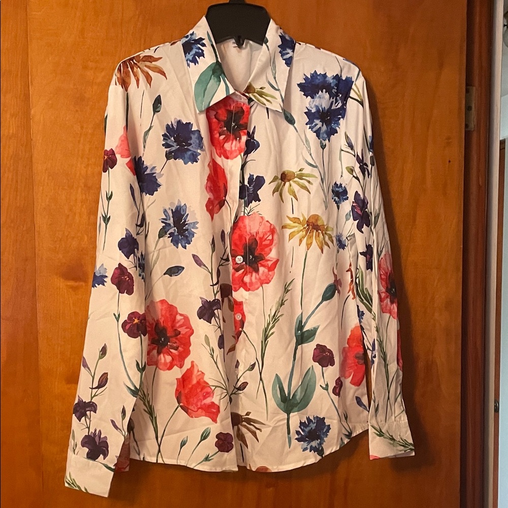 Floral Button-Down Shirt - White with Red & Blue Flowers